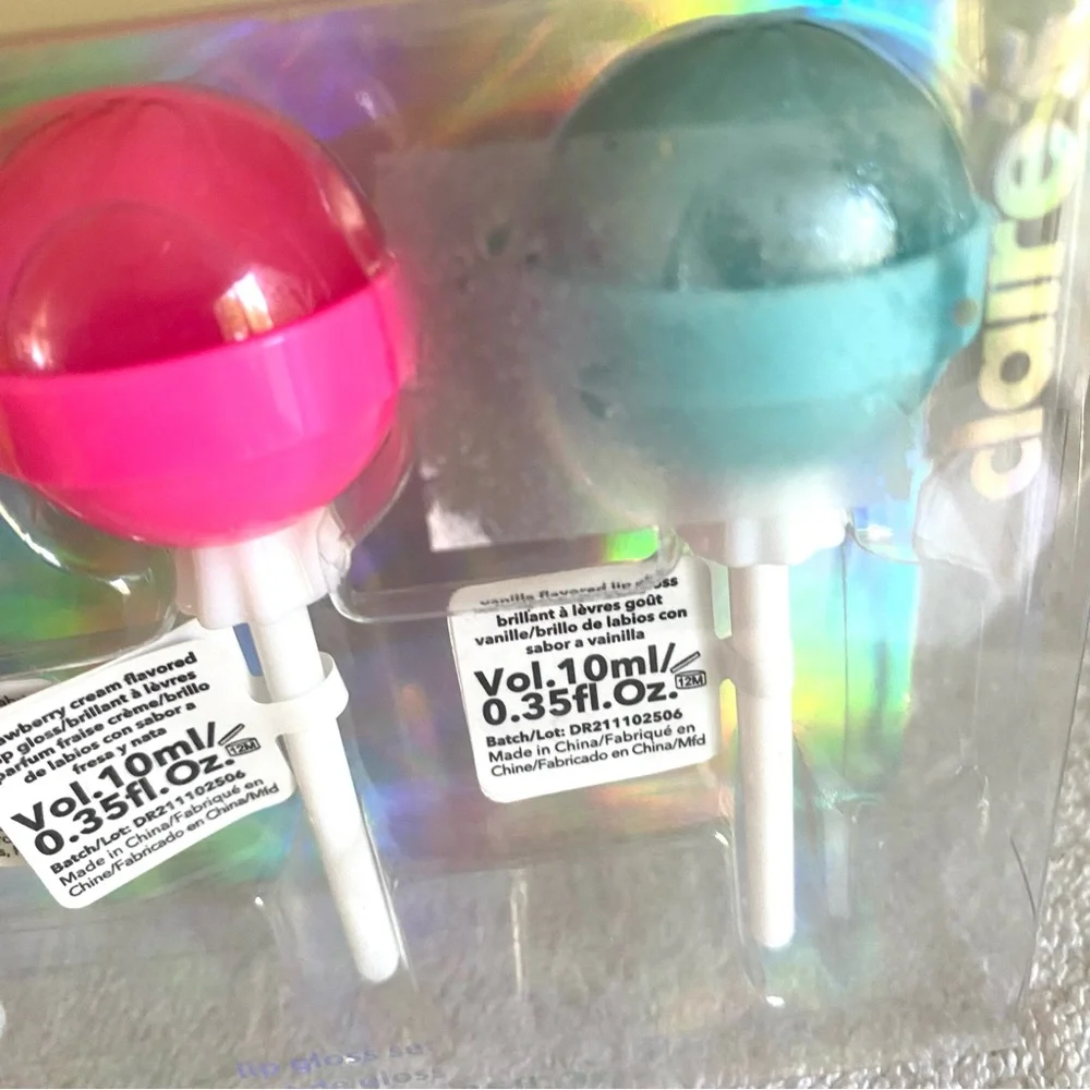 5/$25 Claire's Lip Gloss Set 3 Strawberry Vanilla Lollipops Yellow Pink Blue
